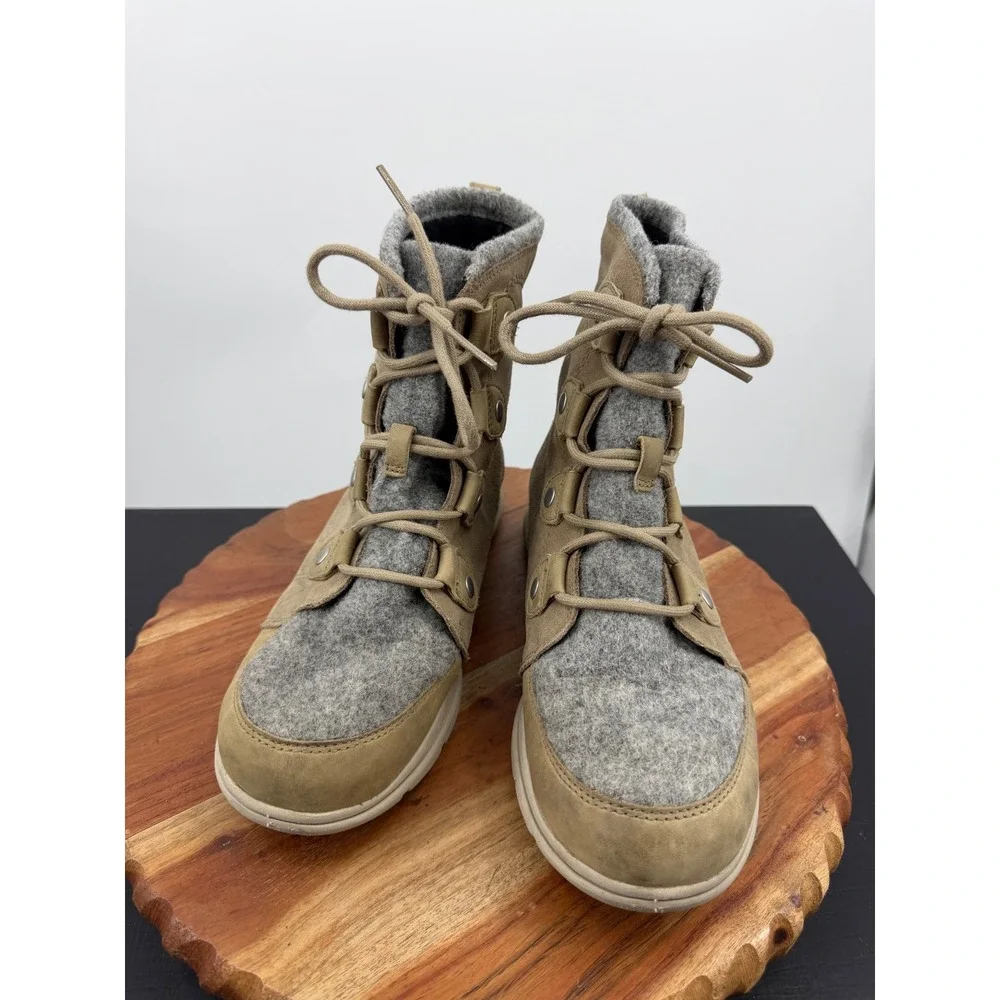 Sorel Explorer Joan felt Waterproof Boot Women 8.5 Khaki Suede Felt NL3423-297